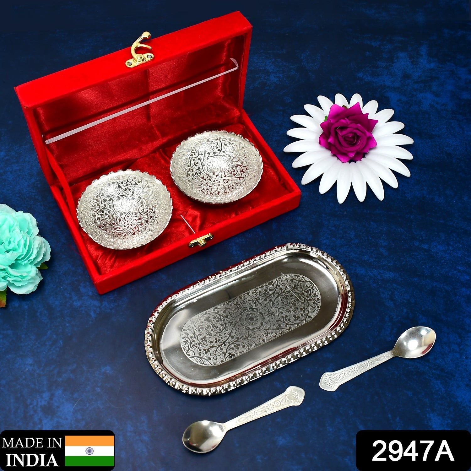 Silver Plated 2 Bowl 2 Spoon Tray Set Brass with Red Velvet Gift Box Serving Dry Fruits Desserts Gift, Bartan