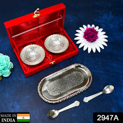 Silver Plated 2 Bowl 2 Spoon Tray Set Brass with Red Velvet Gift Box Serving Dry Fruits Desserts Gift, Bartan