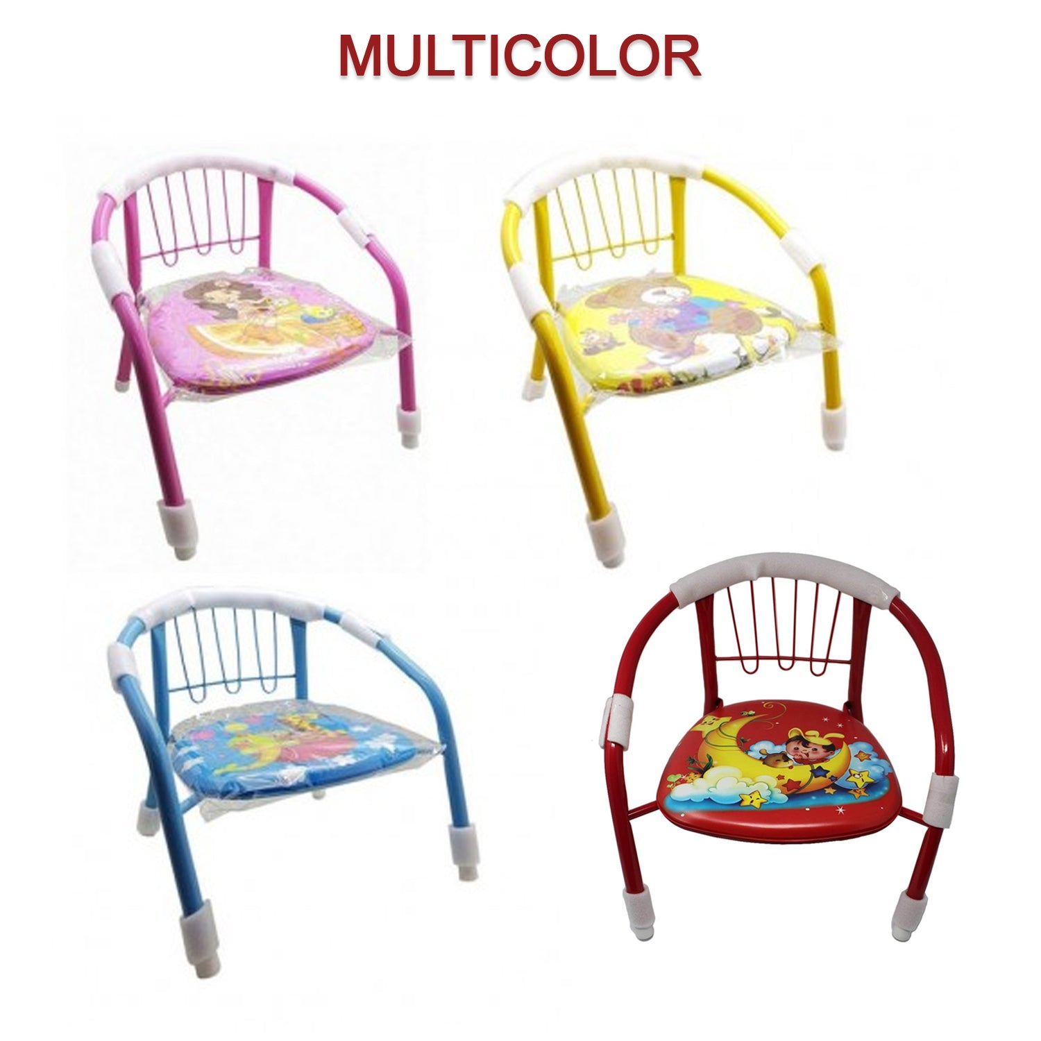 1257 Multicolor Cartoon Design Baby Chair with Metal Backrest Frame & Sound Seated Soft Cushion for kids & Toddlers (MOQ - 4 pcs)