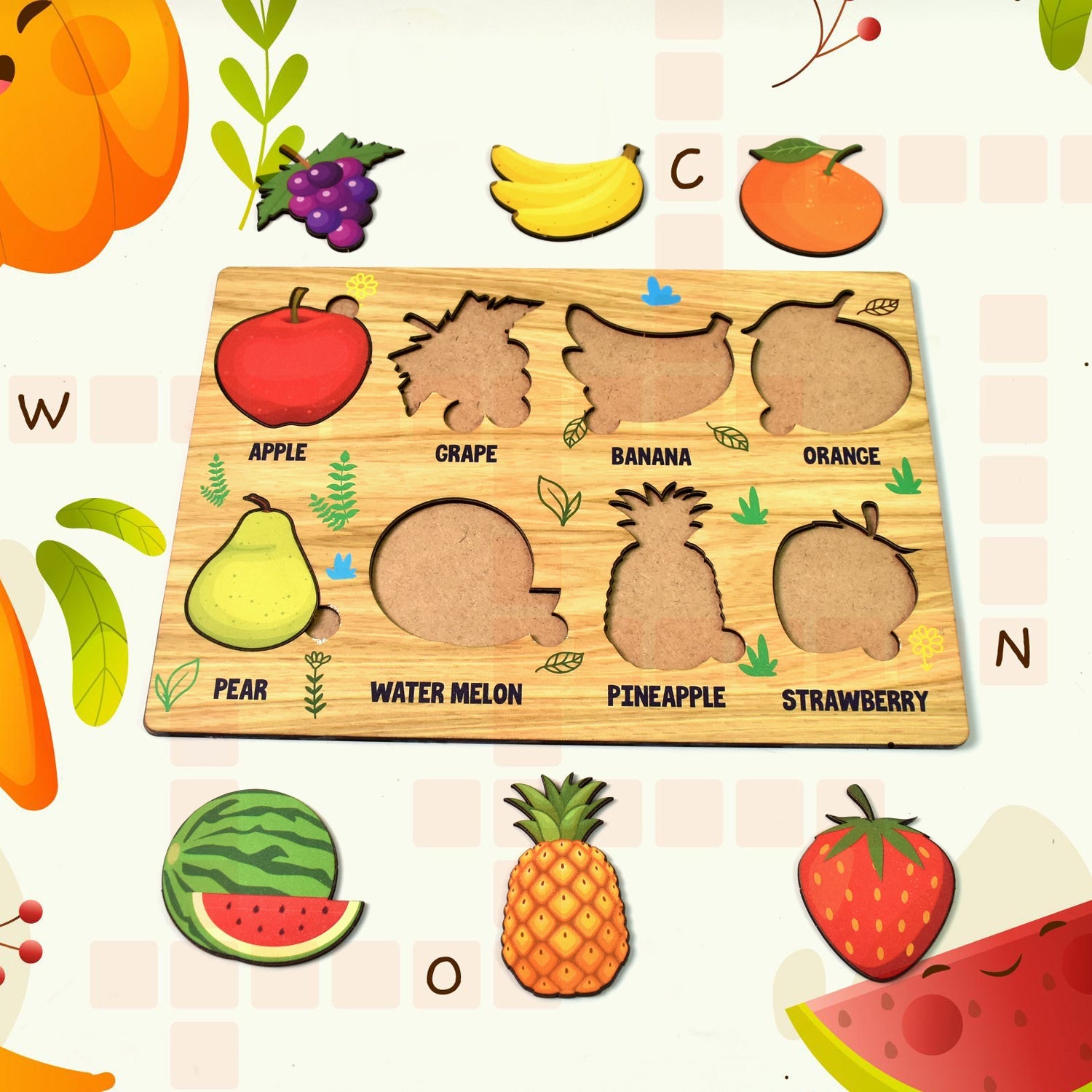 Wooden Fruits Puzzle Learning Educational Board (1 Set / 28×20 Cm)