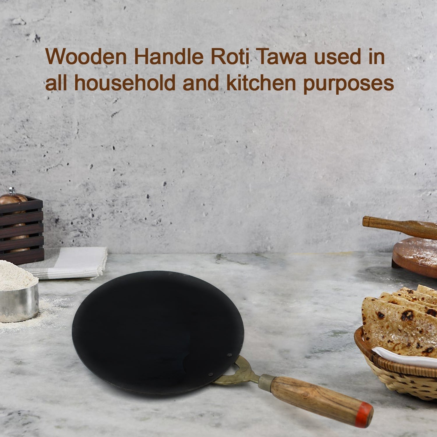 Wooden Handle Roti Tawa used in all household and kitchen purposes for making rotis and parathas nonstick tawa etc.