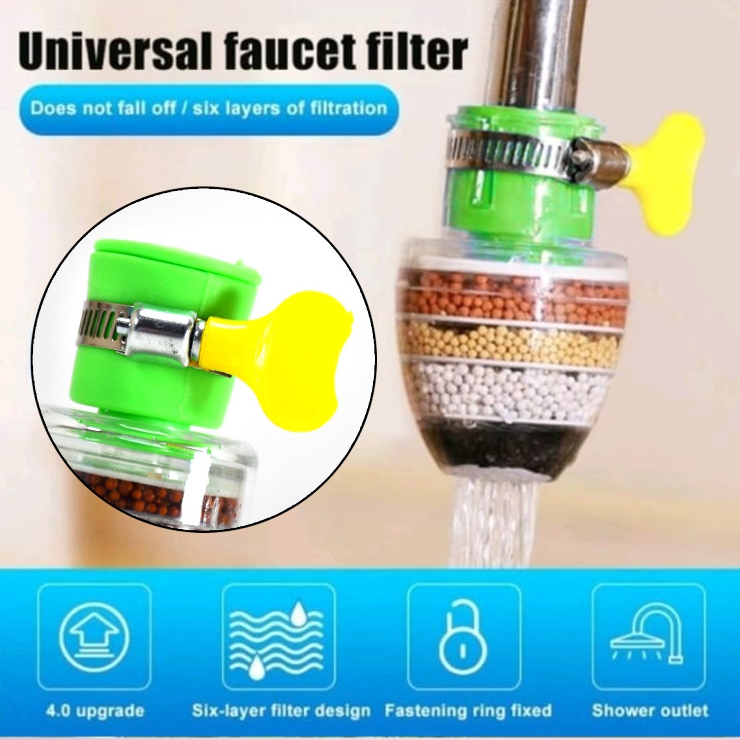 Water Faucet, Clean Purifier Filter Cartridge Water Tap, Upgrade Universal Interface Faucet Filter (Six Layer Purifier)