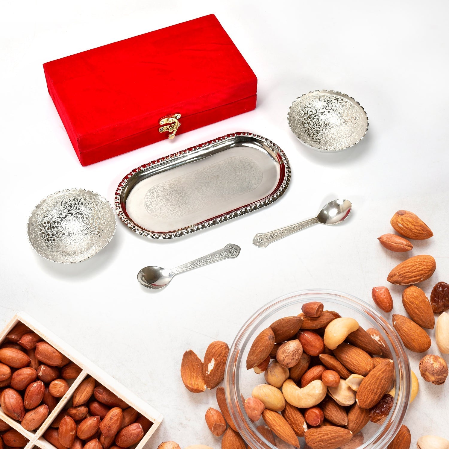 Silver Plated 2 Bowl 2 Spoon Tray Set Brass with Red Velvet Gift Box Serving Dry Fruits Desserts Gift, Bartan