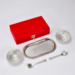 Silver Plated 2 Bowl 2 Spoon Tray Set Brass with Red Velvet Gift Box Serving Dry Fruits Desserts Gift, Bartan