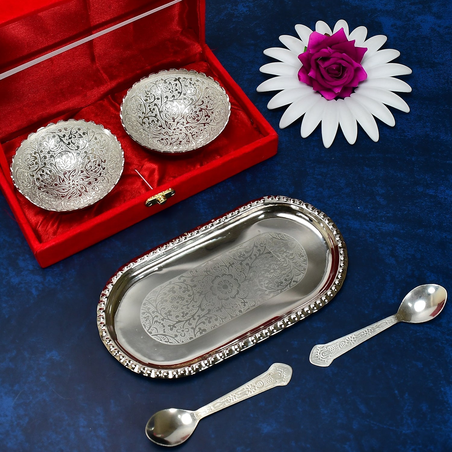 Silver Plated 2 Bowl 2 Spoon Tray Set Brass with Red Velvet Gift Box Serving Dry Fruits Desserts Gift, Bartan