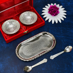 Silver Plated 2 Bowl 2 Spoon Tray Set Brass with Red Velvet Gift Box Serving Dry Fruits Desserts Gift, Bartan