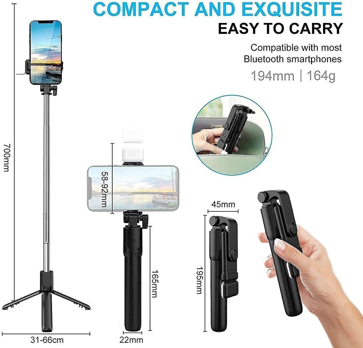 Selfie Stick Tripod with Bluetooth Remote and Flash 3-in-1