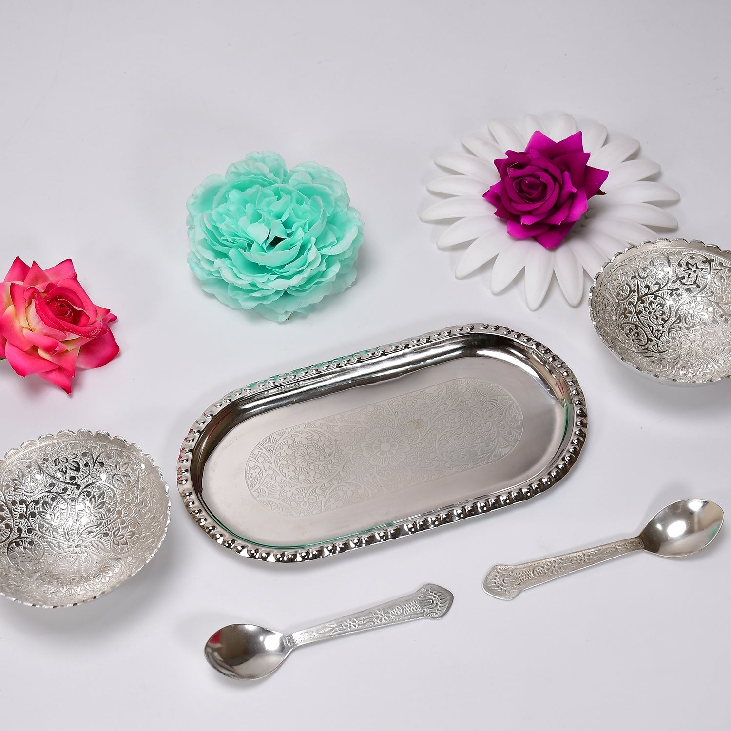 Silver Plated 2 Bowl 2 Spoon Tray Set Brass with Red Velvet Gift Box Serving Dry Fruits Desserts Gift, Bartan