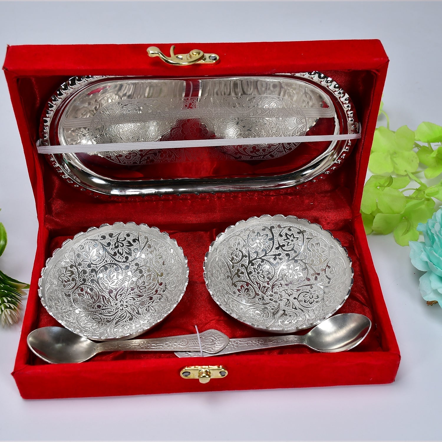 Silver Plated 2 Bowl 2 Spoon Tray Set Brass with Red Velvet Gift Box Serving Dry Fruits Desserts Gift, Bartan