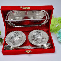 Silver Plated 2 Bowl 2 Spoon Tray Set Brass with Red Velvet Gift Box Serving Dry Fruits Desserts Gift, Bartan