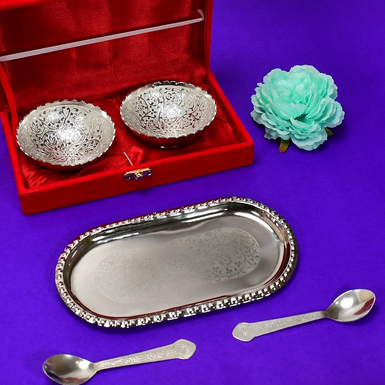 Silver Plated 2 Bowl 2 Spoon Tray Set Brass with Red Velvet Gift Box Serving Dry Fruits Desserts Gift, Bartan