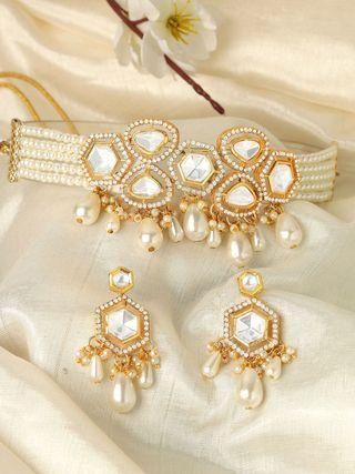 Karatcart Pearl Beaded Polki Kundan Choker Necklace Set for Women