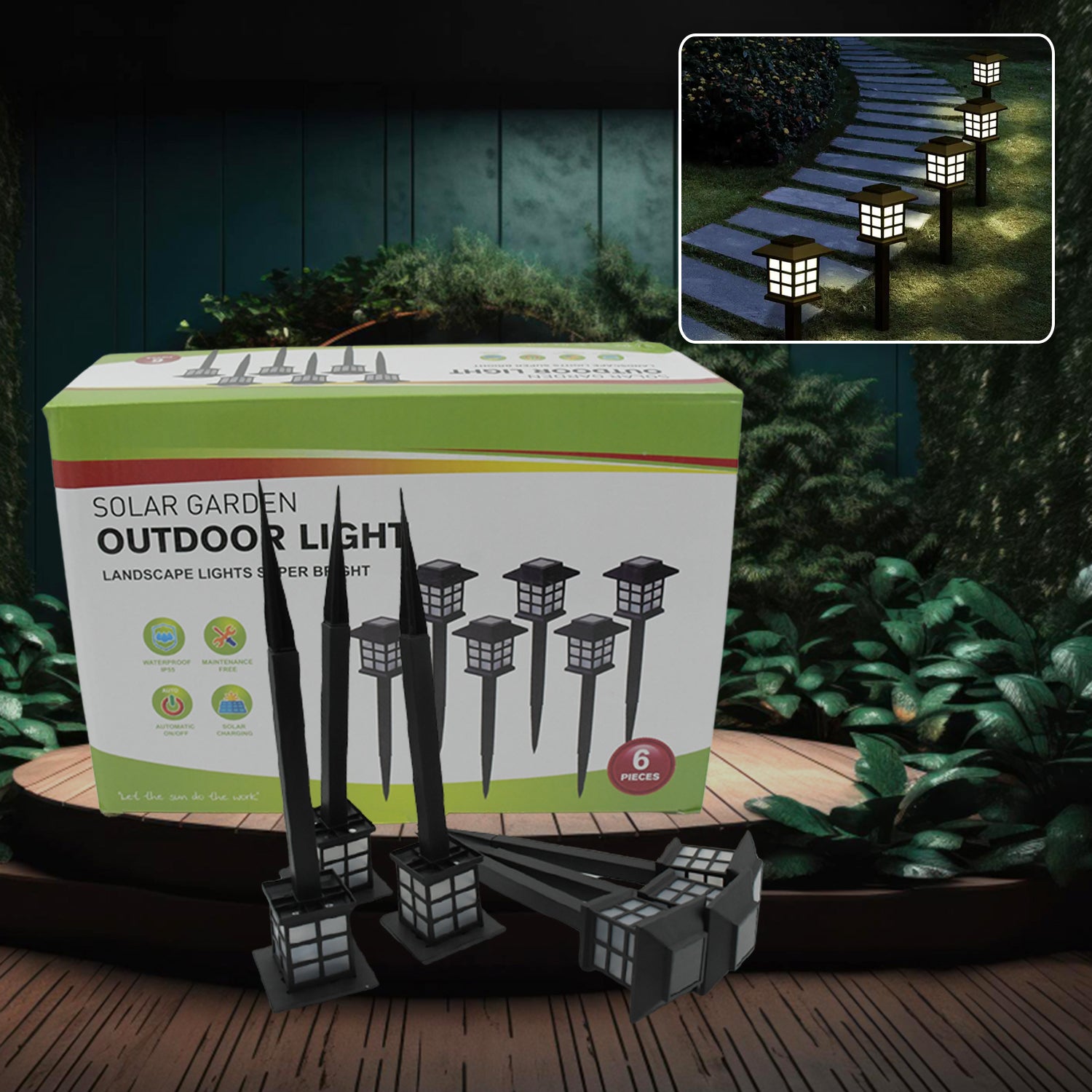 Big Solar Outdoor Lights (6 Pc Set) Waterproof, 10-Hour Long-Lasting