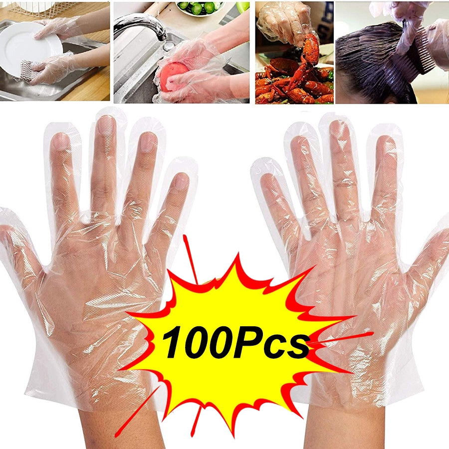 Plastic Transparent Disposable Clear Gloves (White) (100Pc)