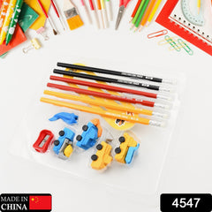 Pencil and Eraser Set, Construction Truck Theme Stationery Kit Includes 6 Pencils, 4 Erasers, 1 Sharpener, 1 Ruler Bookmark, 1 Pencil Cap Stationary For Birthday Gifts for Kids, Birthday Return Gifts (13 Pc set)